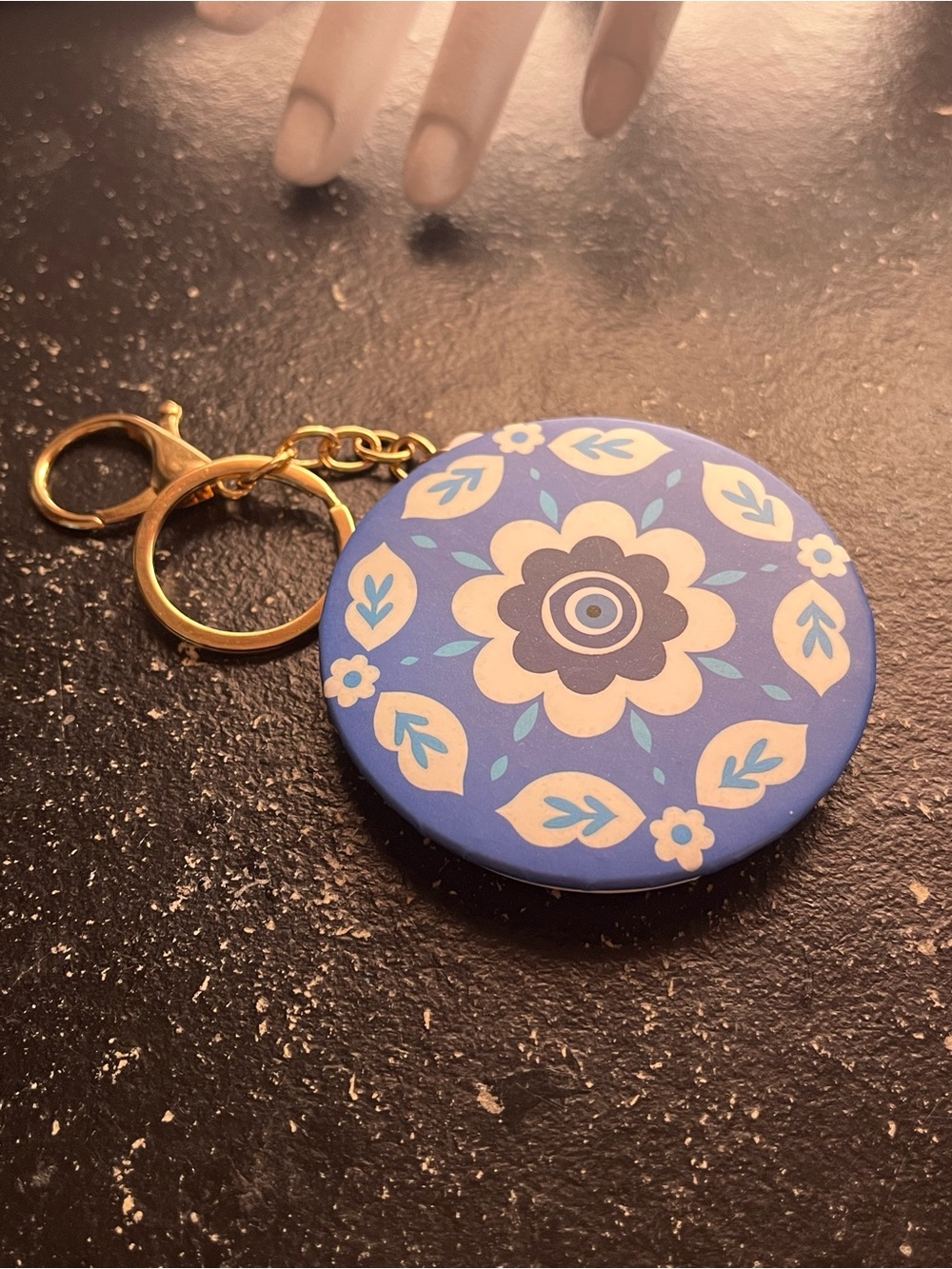 Blue Evil Eye Floral Round Keychain Compact Mirror